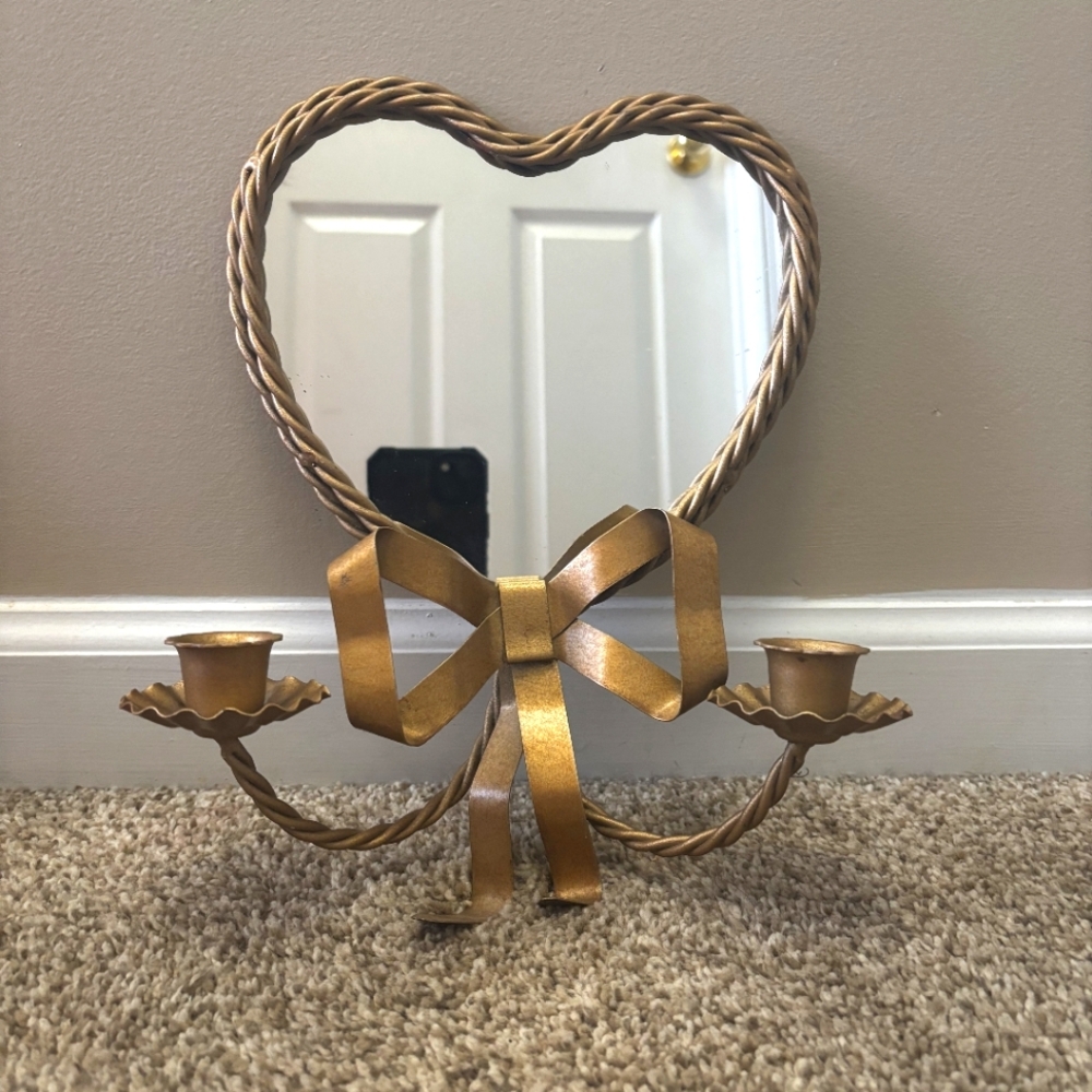 Vintage Braided Metal Gold Rope Heart and Bow Candle Holder Wall Mirror Sconce
